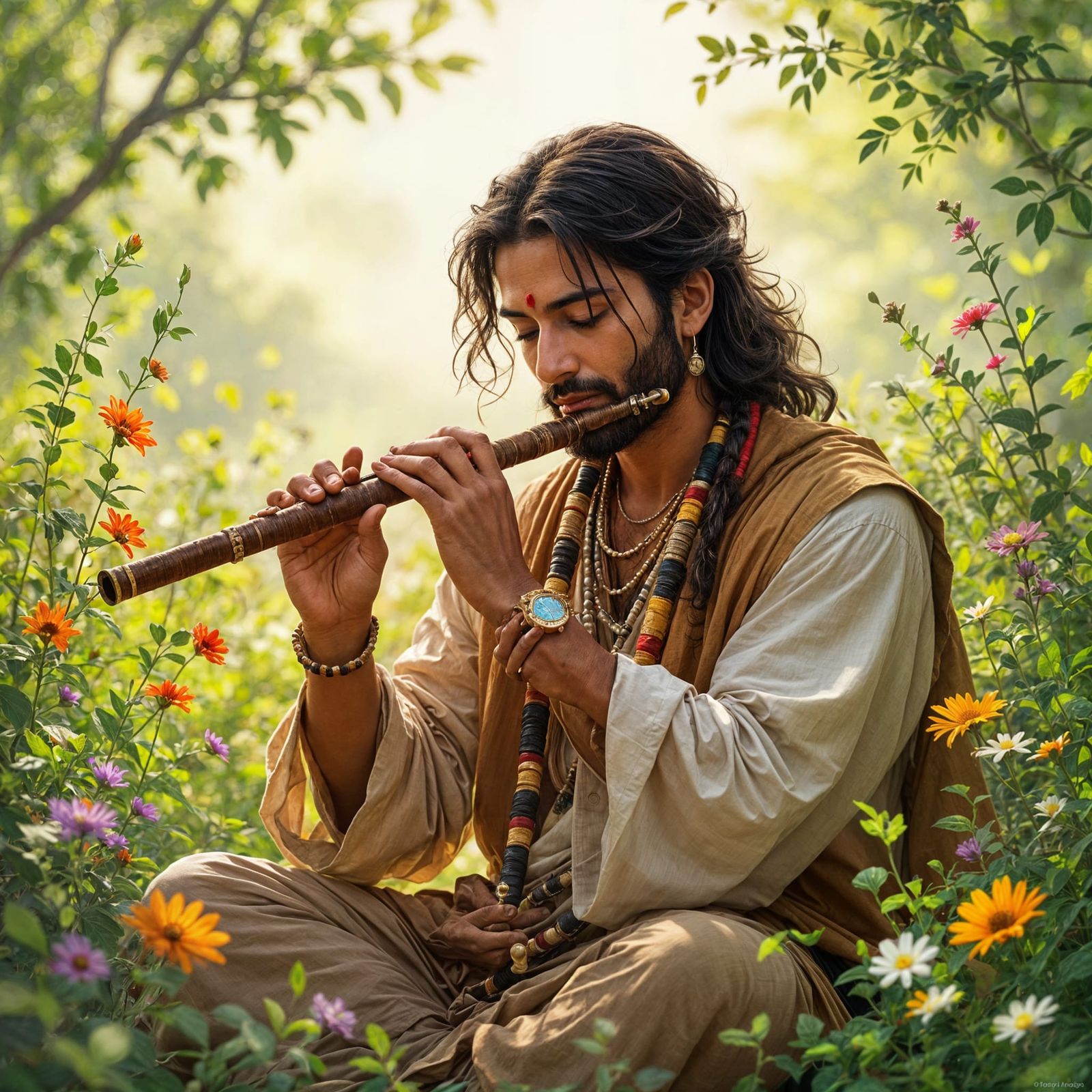 Serene Flute Player in Nature, Painterly Style