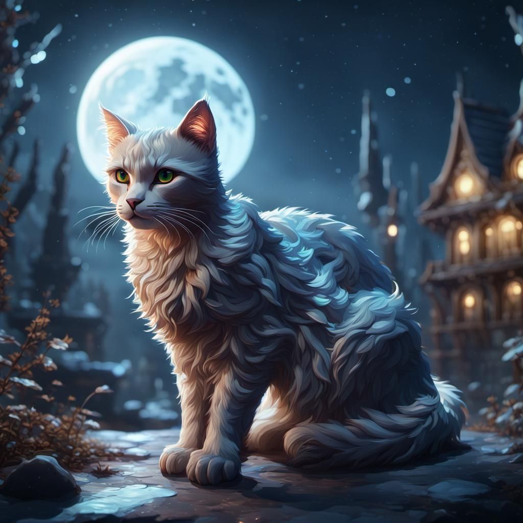 Shimmering Crystal Cat in Moonlight: Fantasy Art
