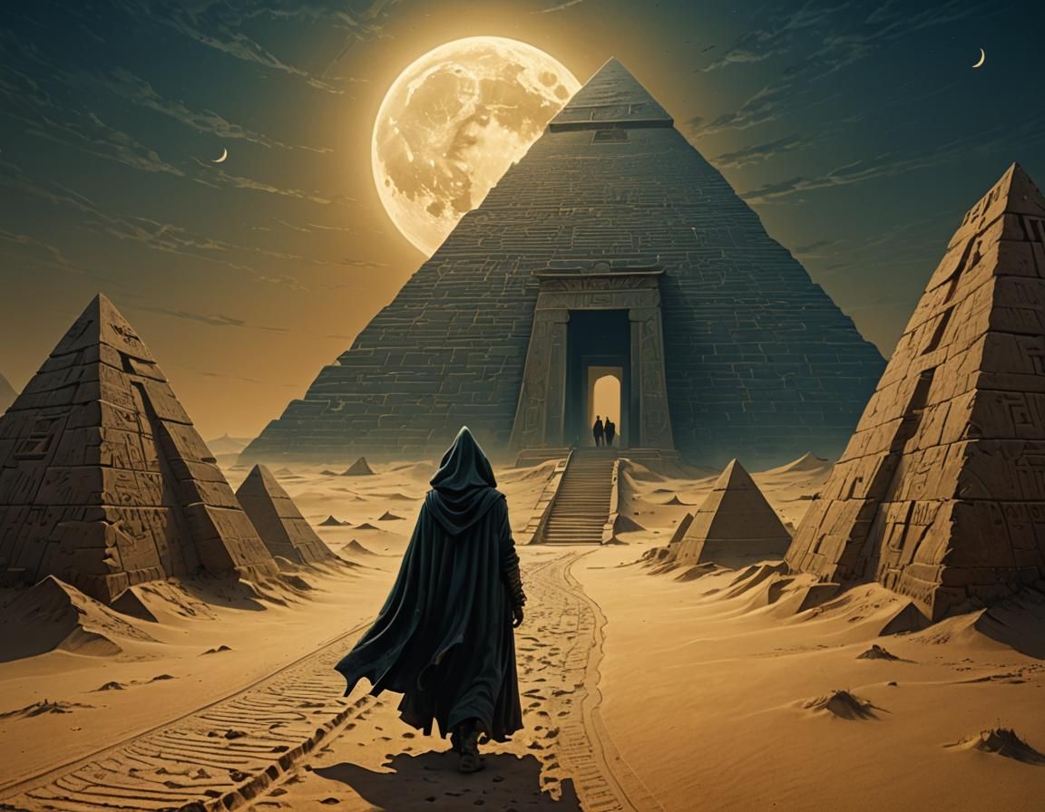 Hooded Witch at Ancient Pyramids in Dark Fantasy Style