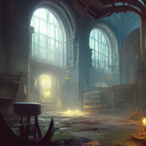Intricate Abandoned Library with Sun Rays, Digital Painting