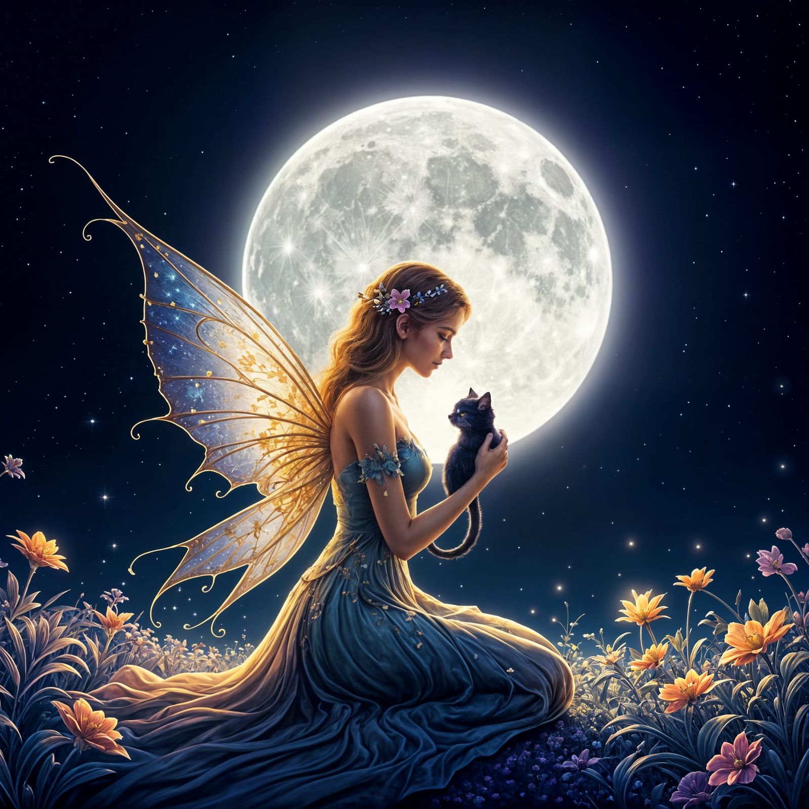 Fairy and Cat Backlit by Colorful Full Moon