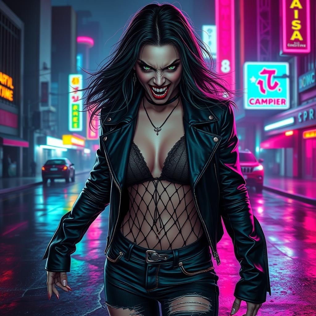 Mysterious Vampire in Dystopian Cityscape with Neon Lights