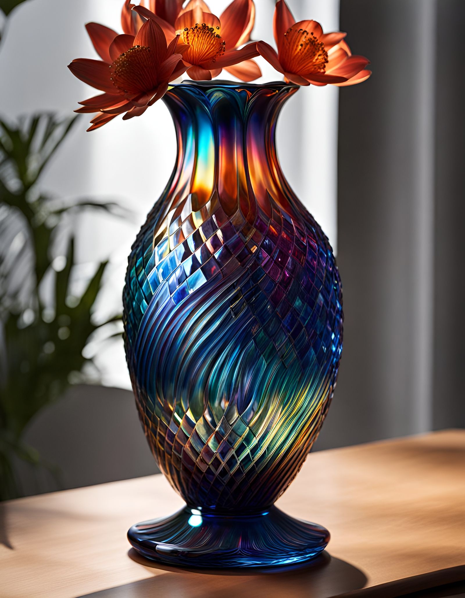 3D Carnival Glass Vase: Iridescent Digital Art