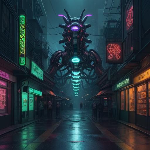 Cyberpunk Dino-Octopus Apothecary Shop in Neon Metropolis