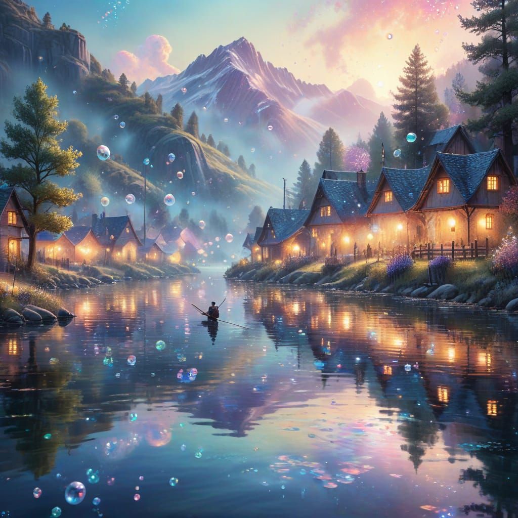 Shimmering Bubble Village: A Whimsical Watercolor Fantasy