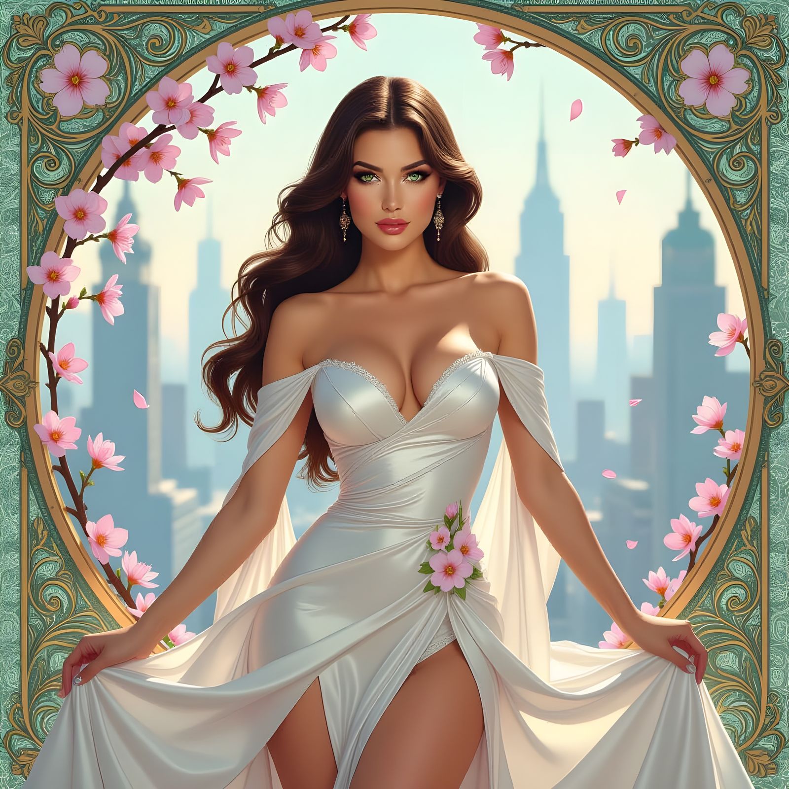 Futuristic Art Nouveau Pin-Up with Cherry Blossoms