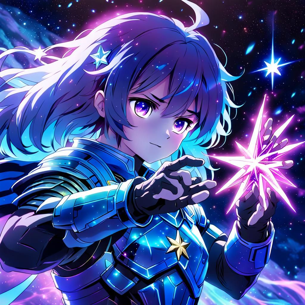 Celestial Warrior Touches a Star in Galaxy Night