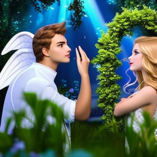 Angelic Couple Kissing in Magical Forest Scene