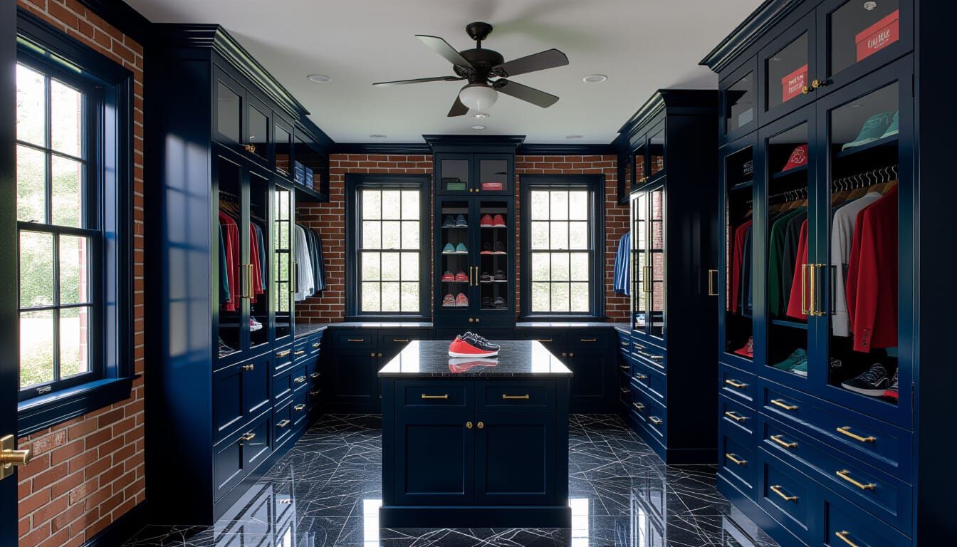 Victorian Walk-In Closet Room with Dark Blue and Brick Accen...