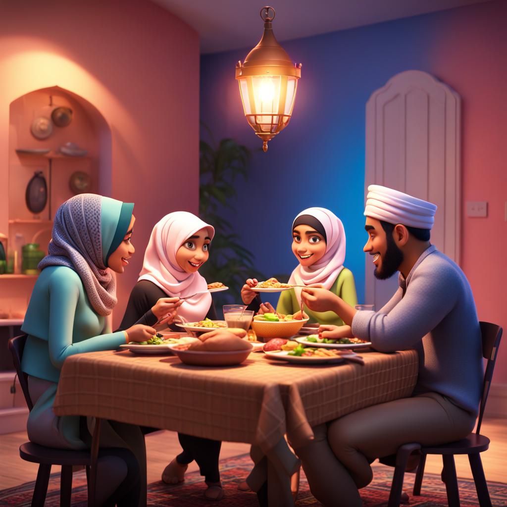 Festive Muslim Family Dinner in Pixar Style