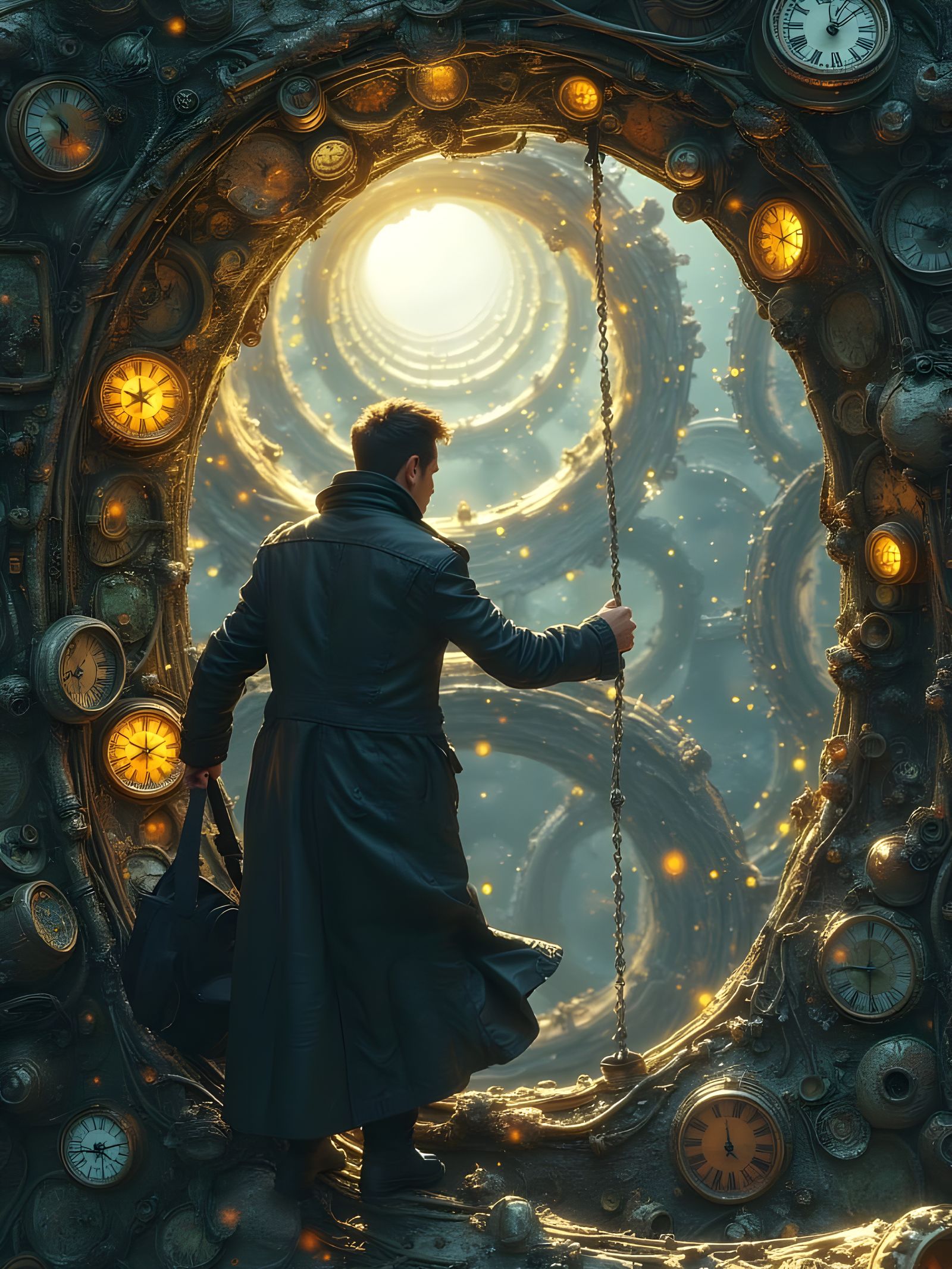 Man Ascends Swirling Portal of Clockwork Chaos