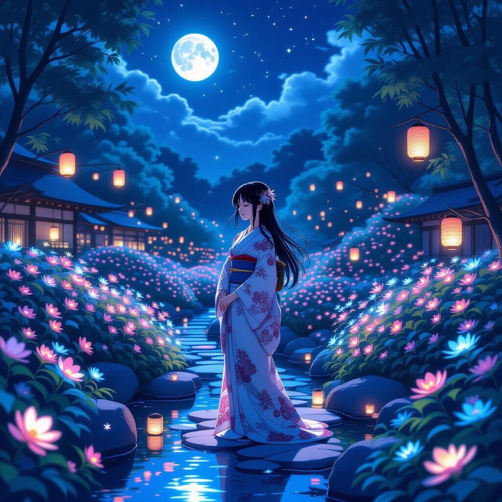 Anime Woman Meditating in Bioluminescent Garden