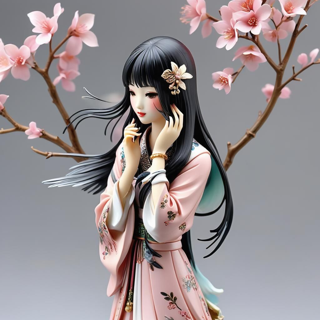 Young Vietnamese woman figurine with long black hair with ba...