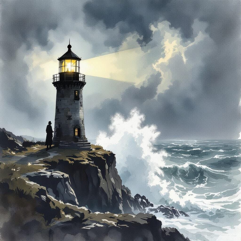 Lighthouse Keeper in Stormy Seas, Ink and Watercolour Style
