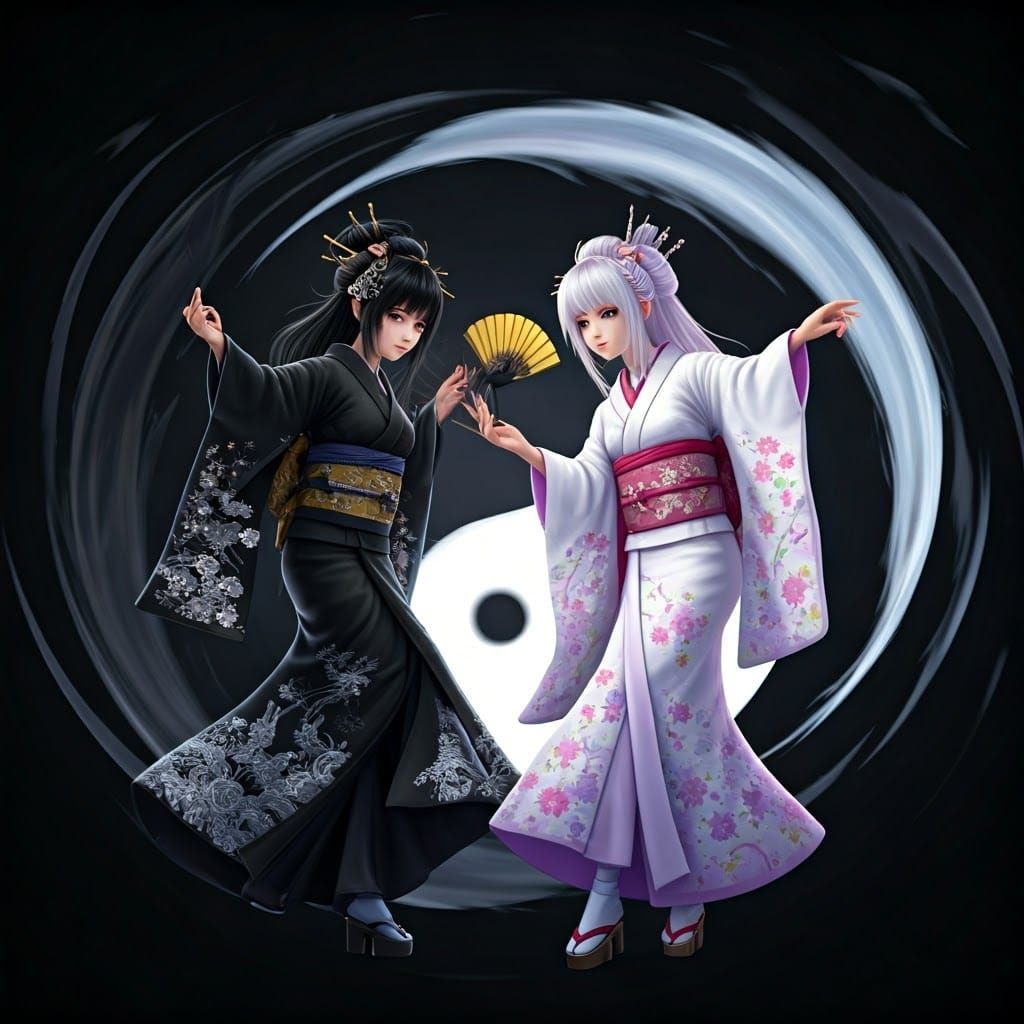 Japanese Geisha Dancers in Elegant Yin Yang Dance