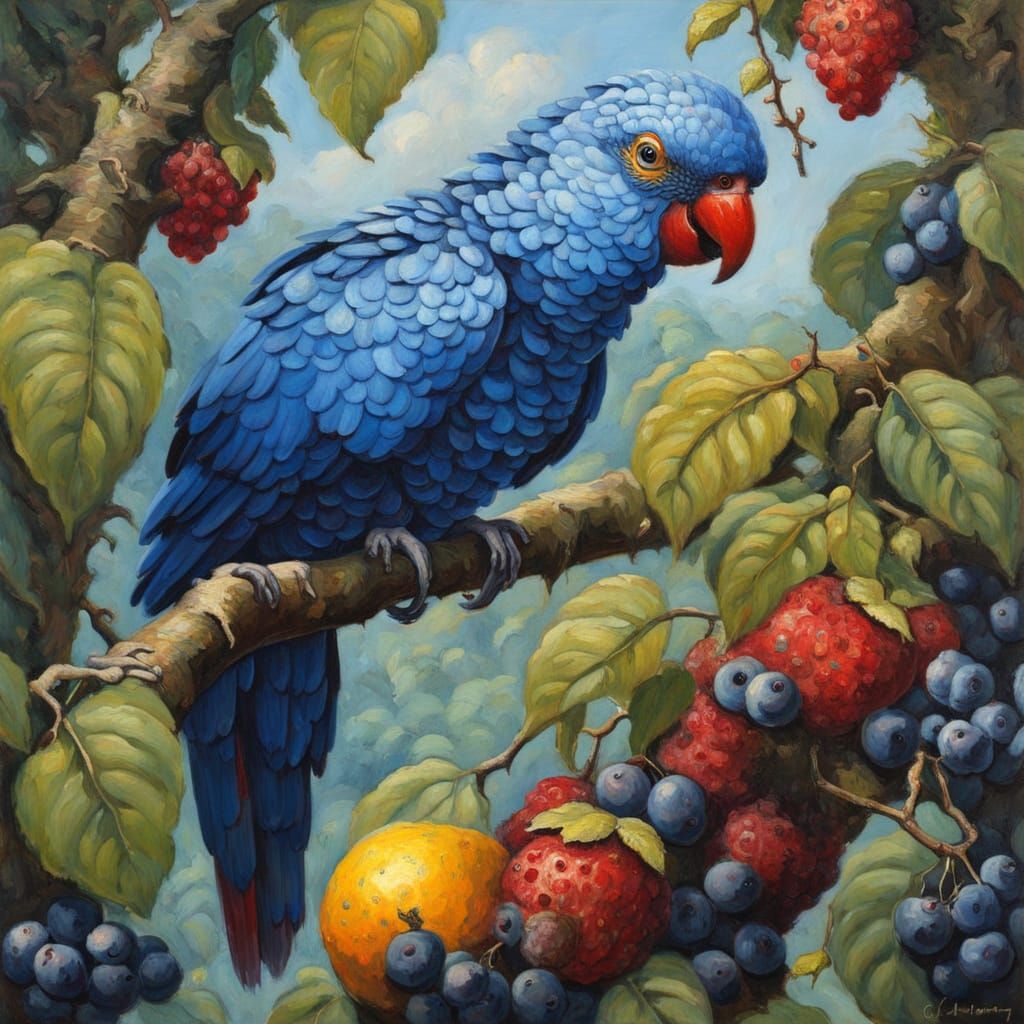 Fantastical Fruits Grow in Forest Clearing with Parrot