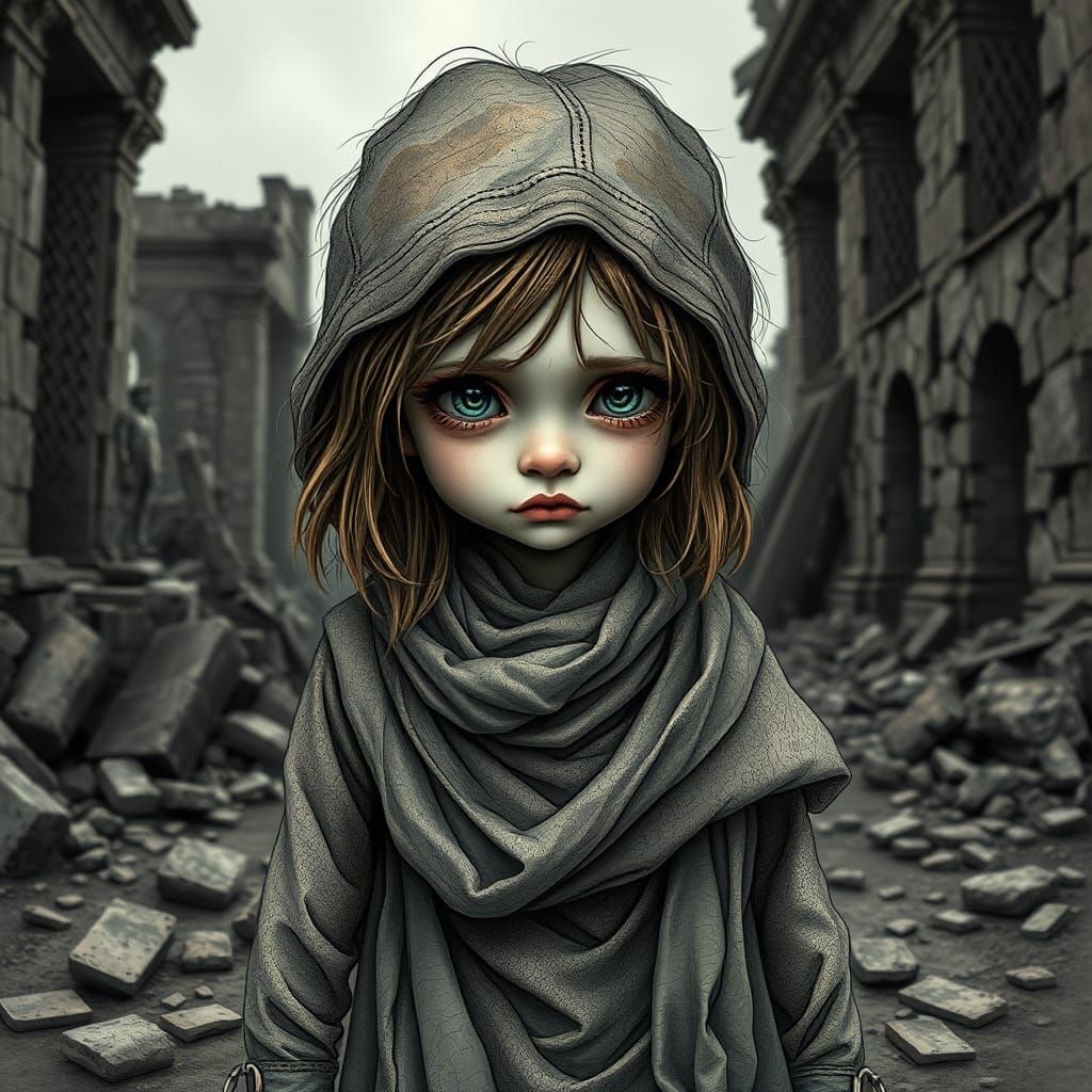 Sad Girl in War Ruins with Fractal Elements