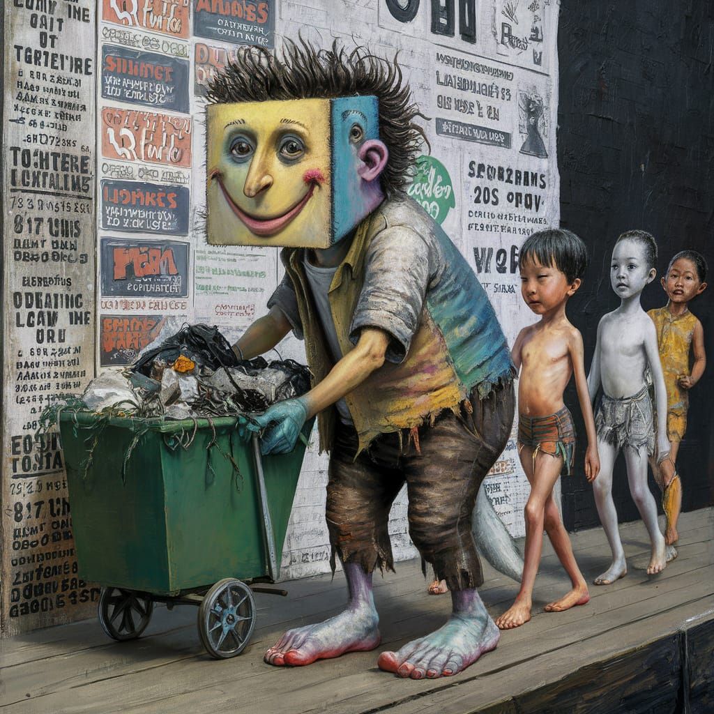 Smiling Creature Collects Garbage in a Dürer-Inspired Scene