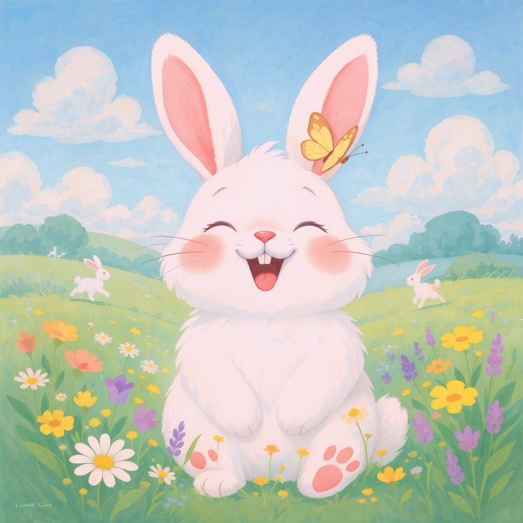 Laughing Bunny in Wildflower Meadow, Cartoon Illustration