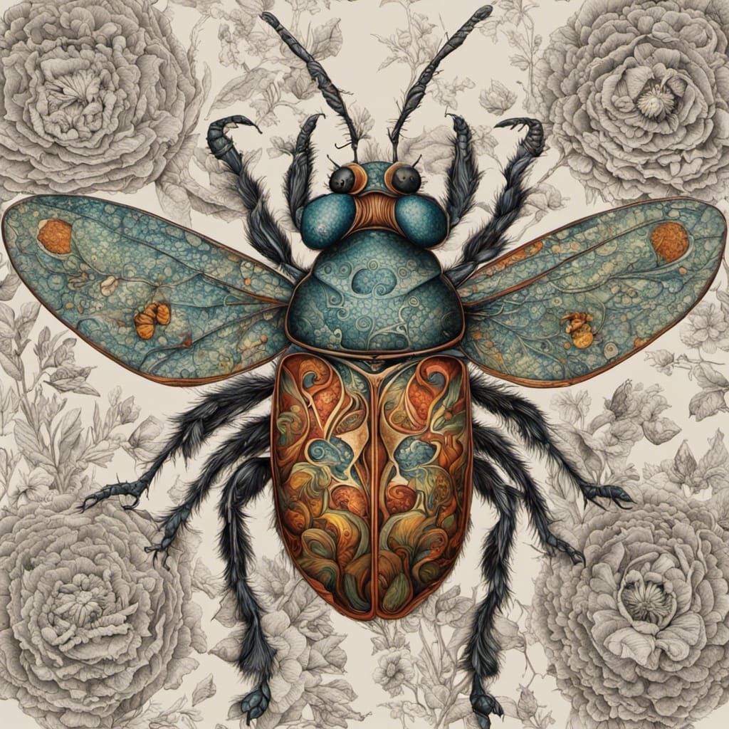 Folk Art Cat with Beetles in Vivid Detail