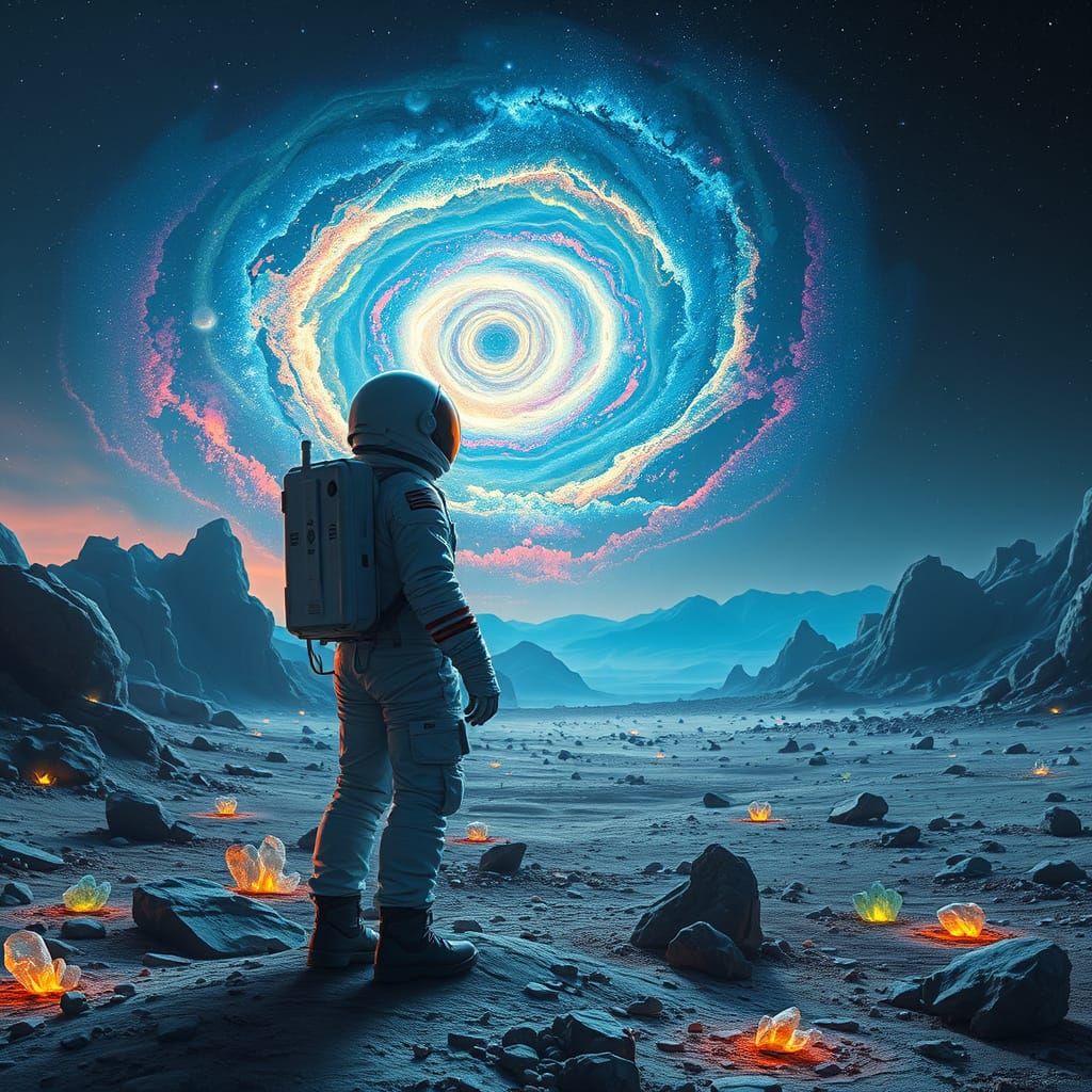 Astronaut on Alien Planet Gazing at Galaxy