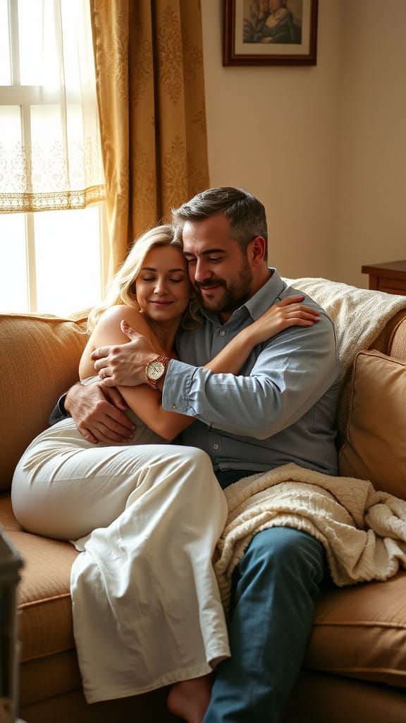 Cozy Couple Embracing in Soft Lighting