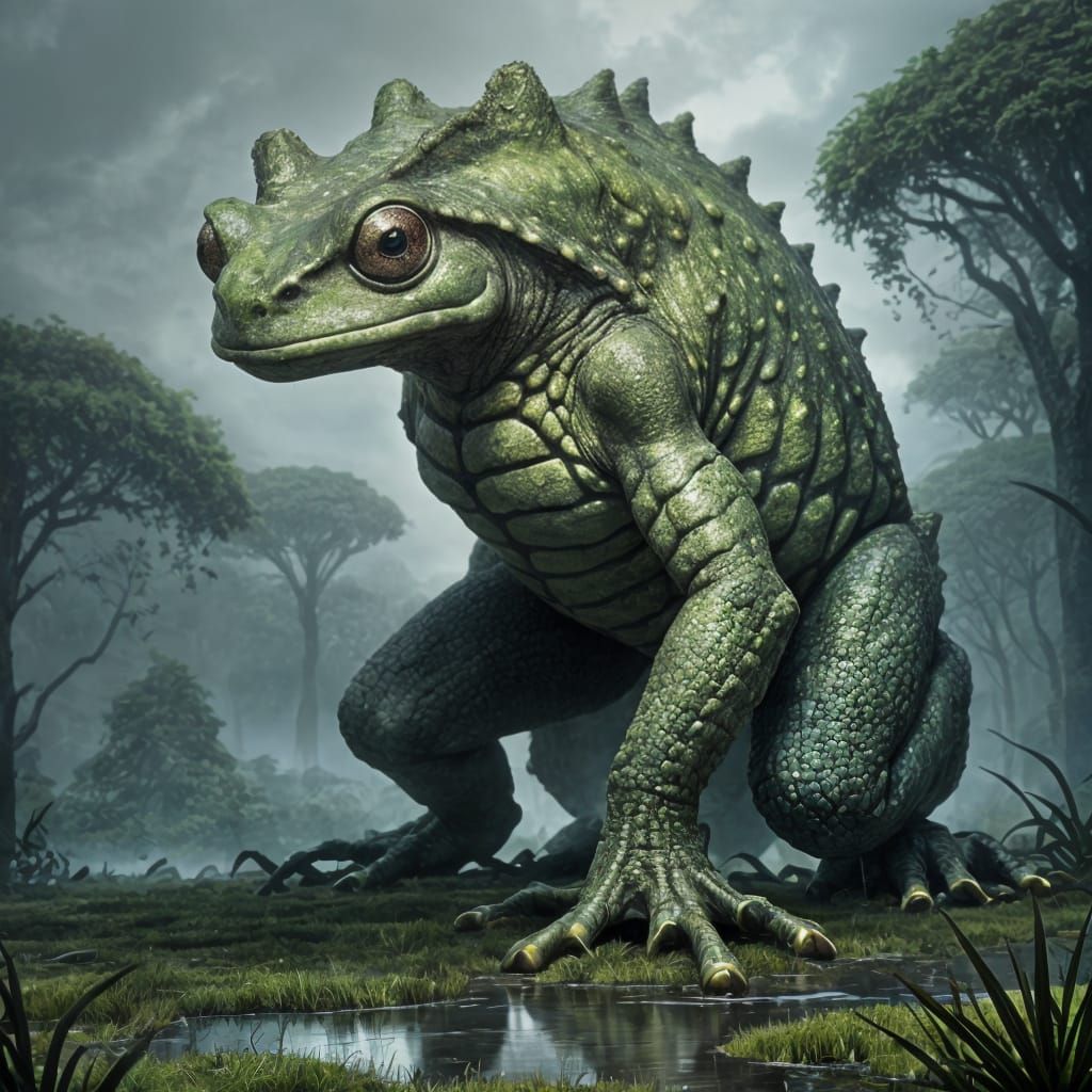 Majestic Prehistoric Frog Roaring in a Mystical Swamp