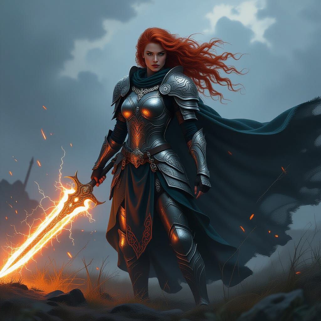 Valkyrie Warrior on Stormy Battlefield, Hyperrealistic Art