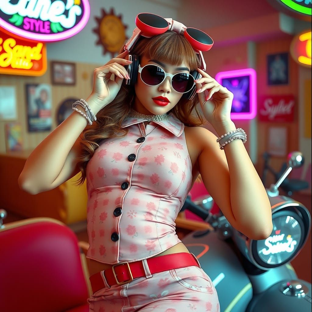Retro Futuristic Pin-Up Model in a Vibrant Setting