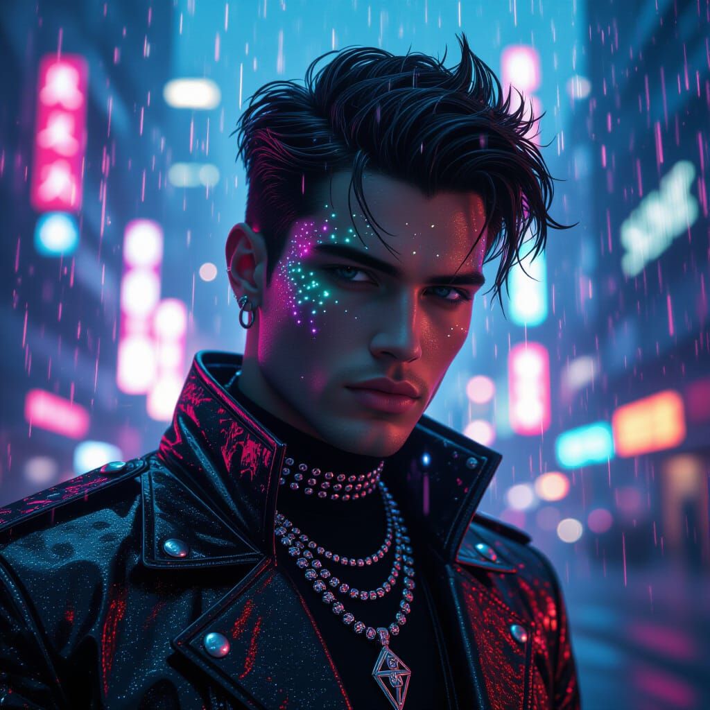 Futuristic Fashion Guy in Neon Glitter Glitching Cityscape