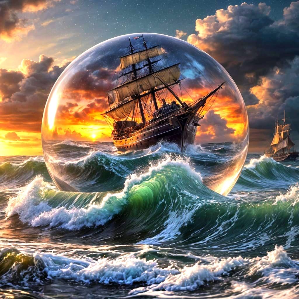 Seascape Orb with Galleon at Sunset