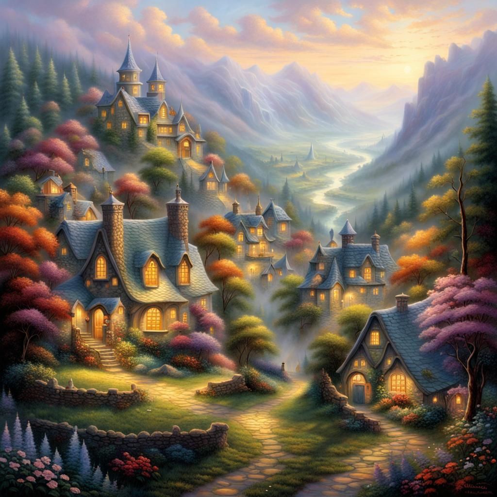 Ethereal Fairy Village in Valley, Hyperdetailed Fantasy