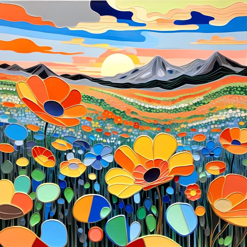 Cel-Shaded Sunset Floral Landscape