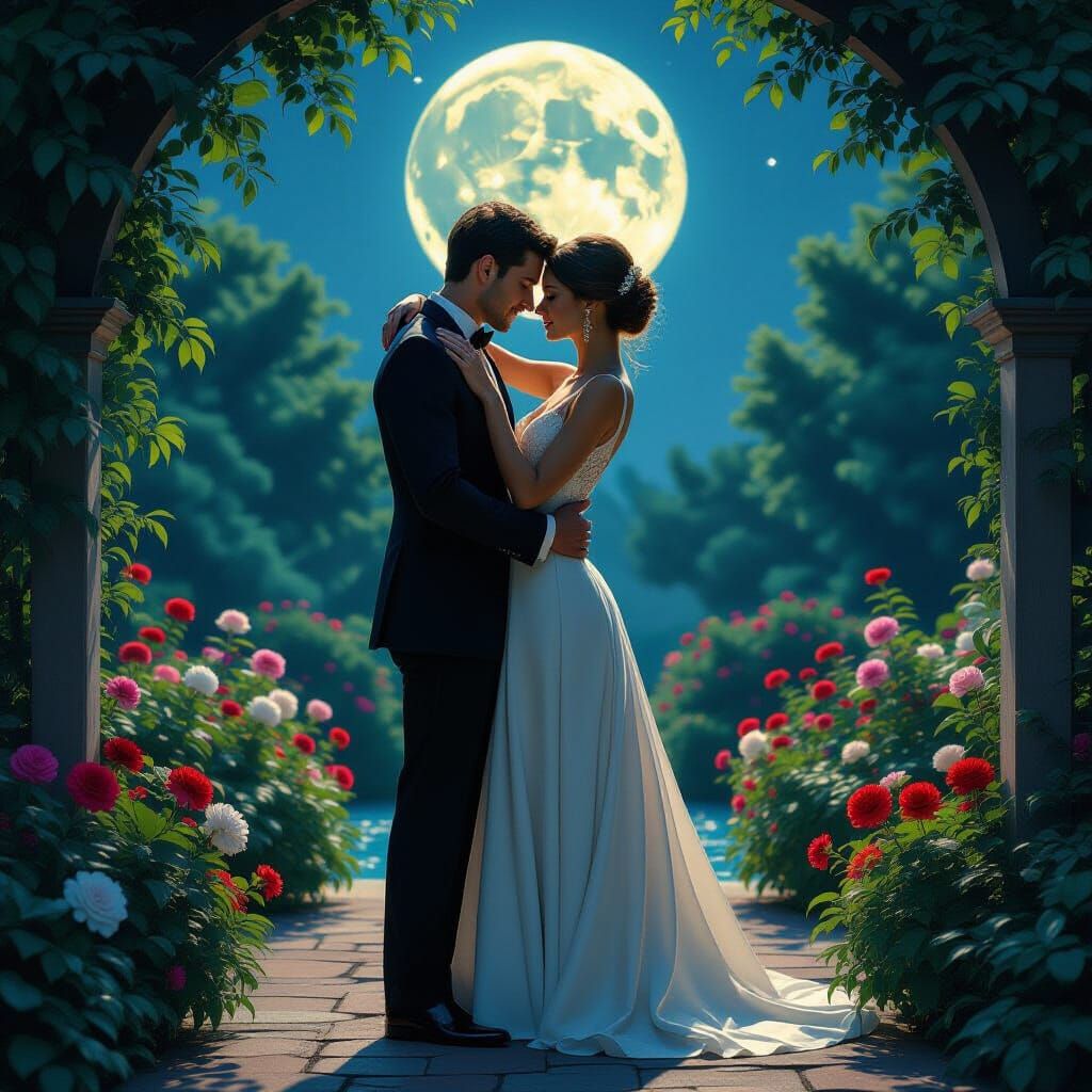 Moonlit Embrace in a Lush Garden