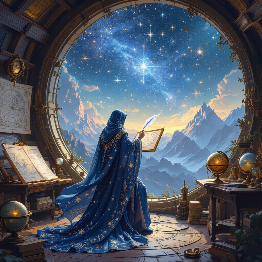 Celestial Cartographer Charts Cosmos in Surrealist Style