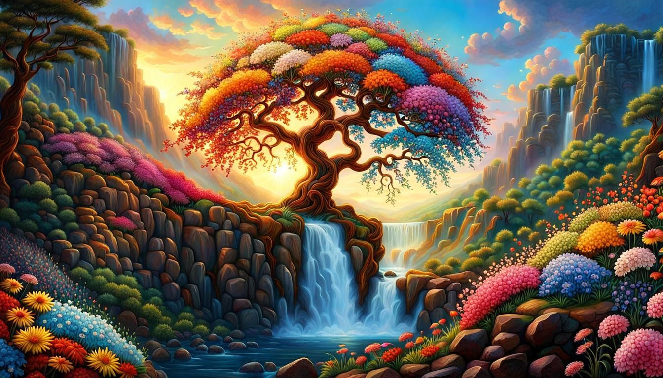 Flowery Tree of Life on Waterfall Cliff