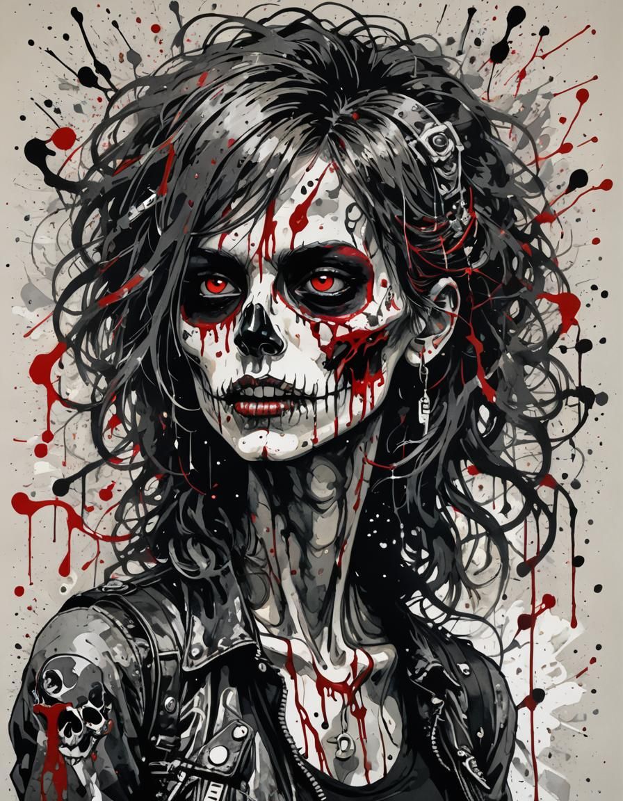 Skull-Faced Punk Rocker in Nakatani Suisenpo Ink Style