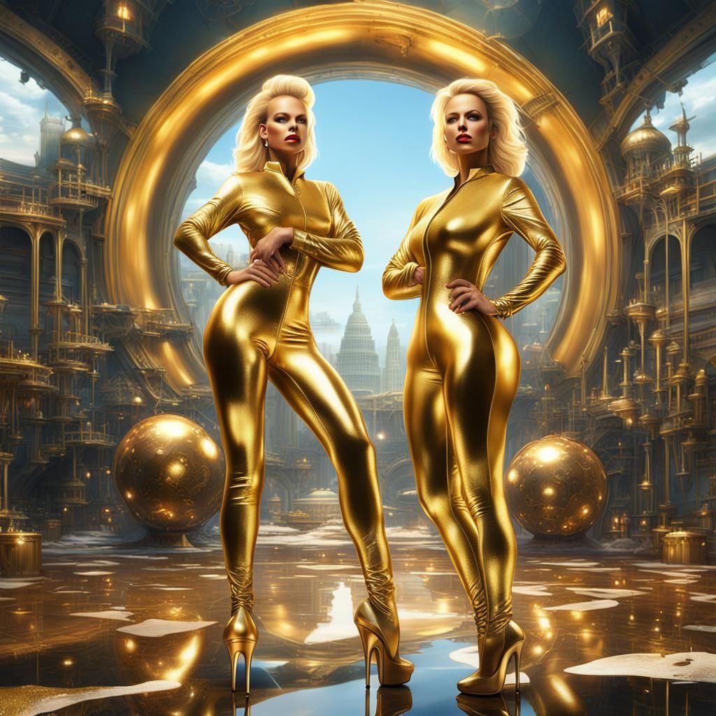 Hyperrealistic full body picture of two standing very tall pamela anderson long leg very short blonde hair very curvy bo...