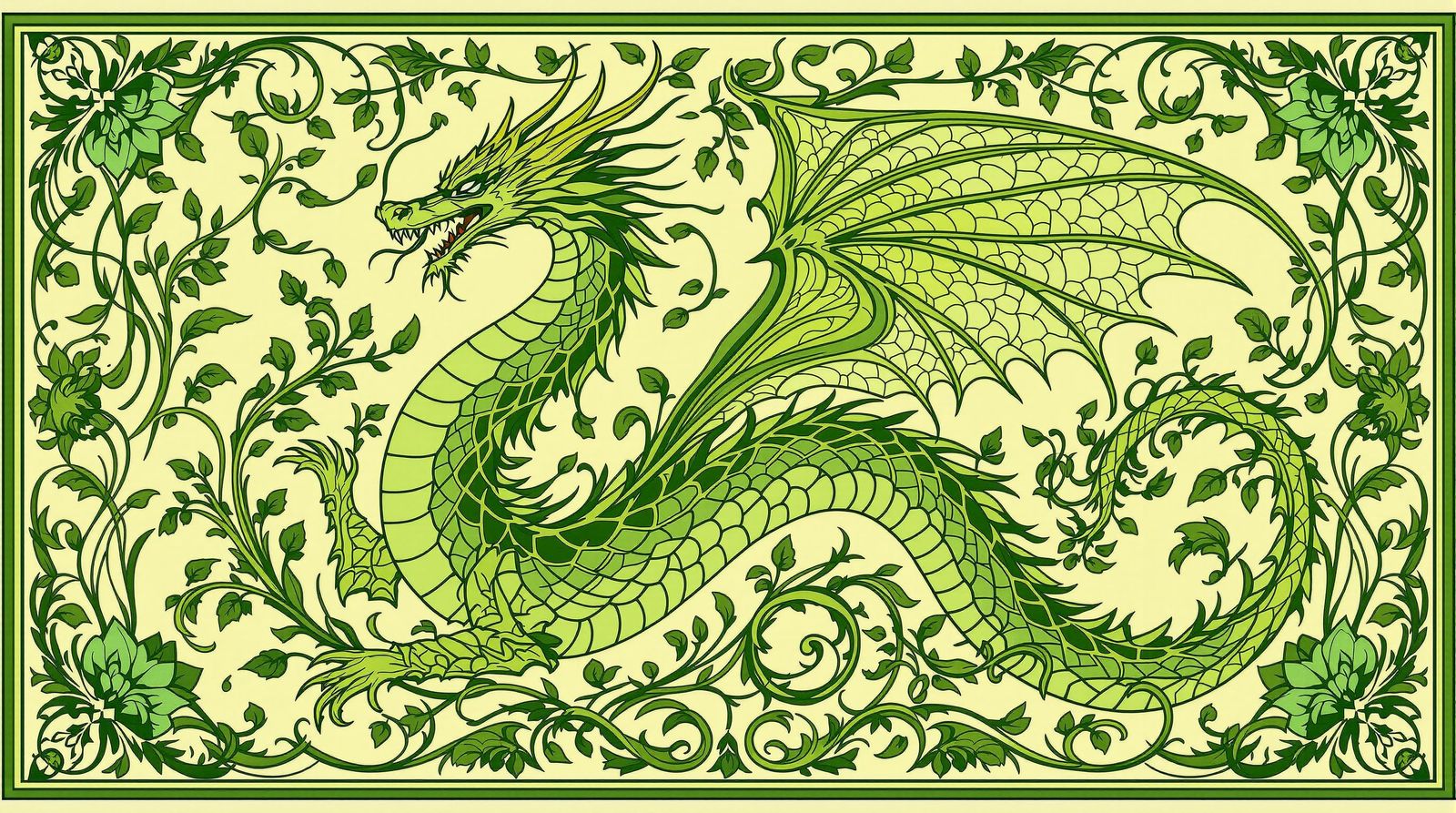 Art Nouveau Dragon with Flowing Green Curves