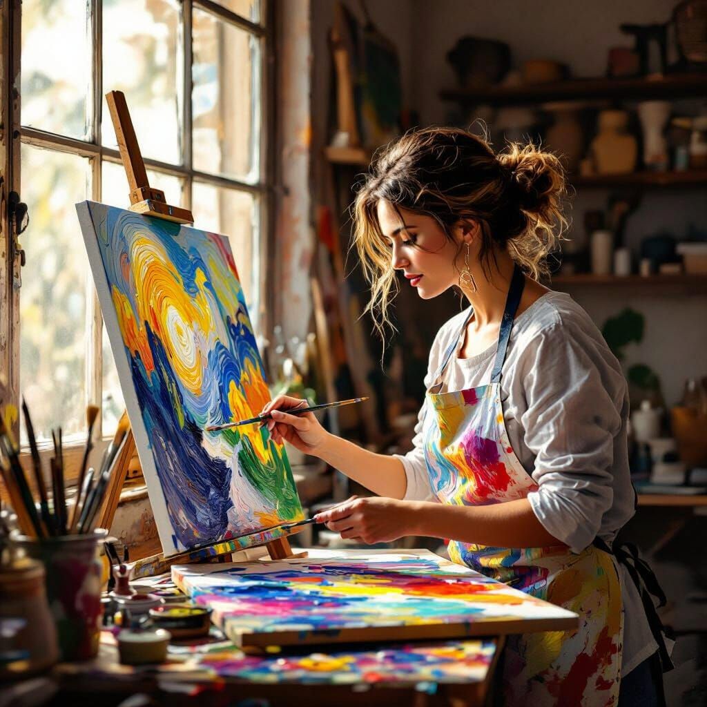 Woman Painting Expressively in Impressionistic Oil Style