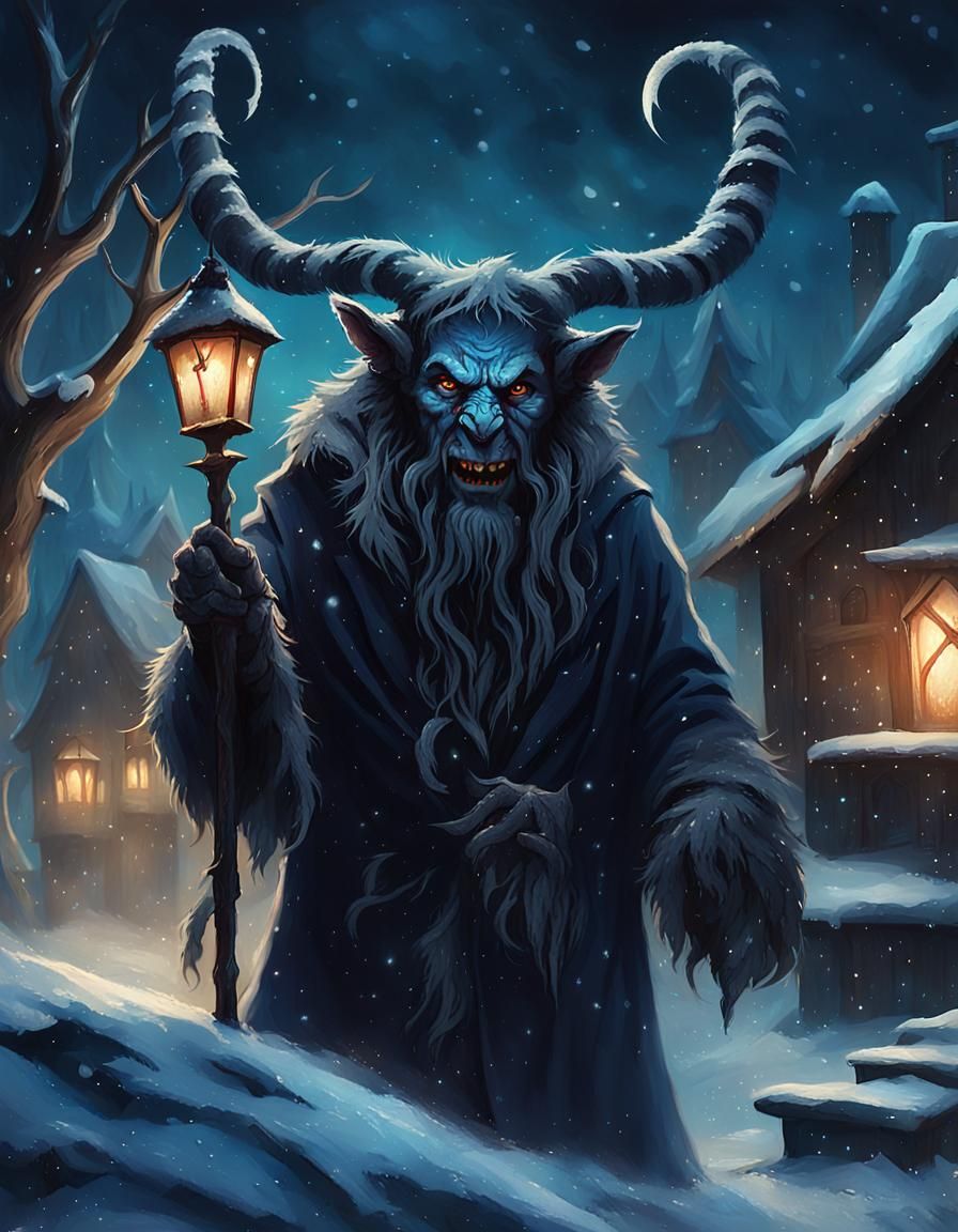 Krampus in Medieval Village: Dark Fantasy Painting