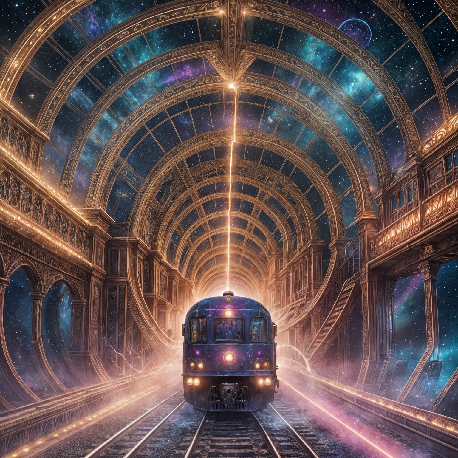 Mystical Train Journey Through Cosmic Portal