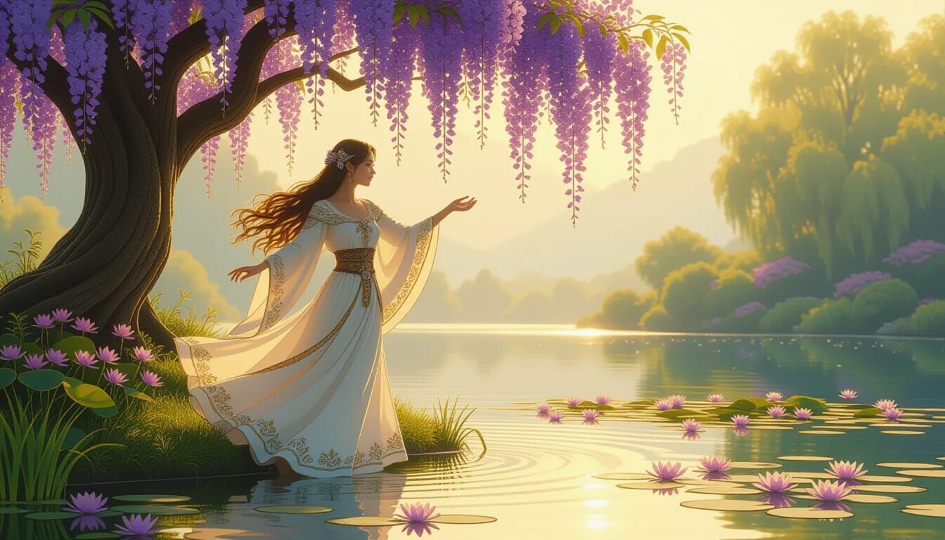 Bard Dancing by Lake in Art Nouveau Style