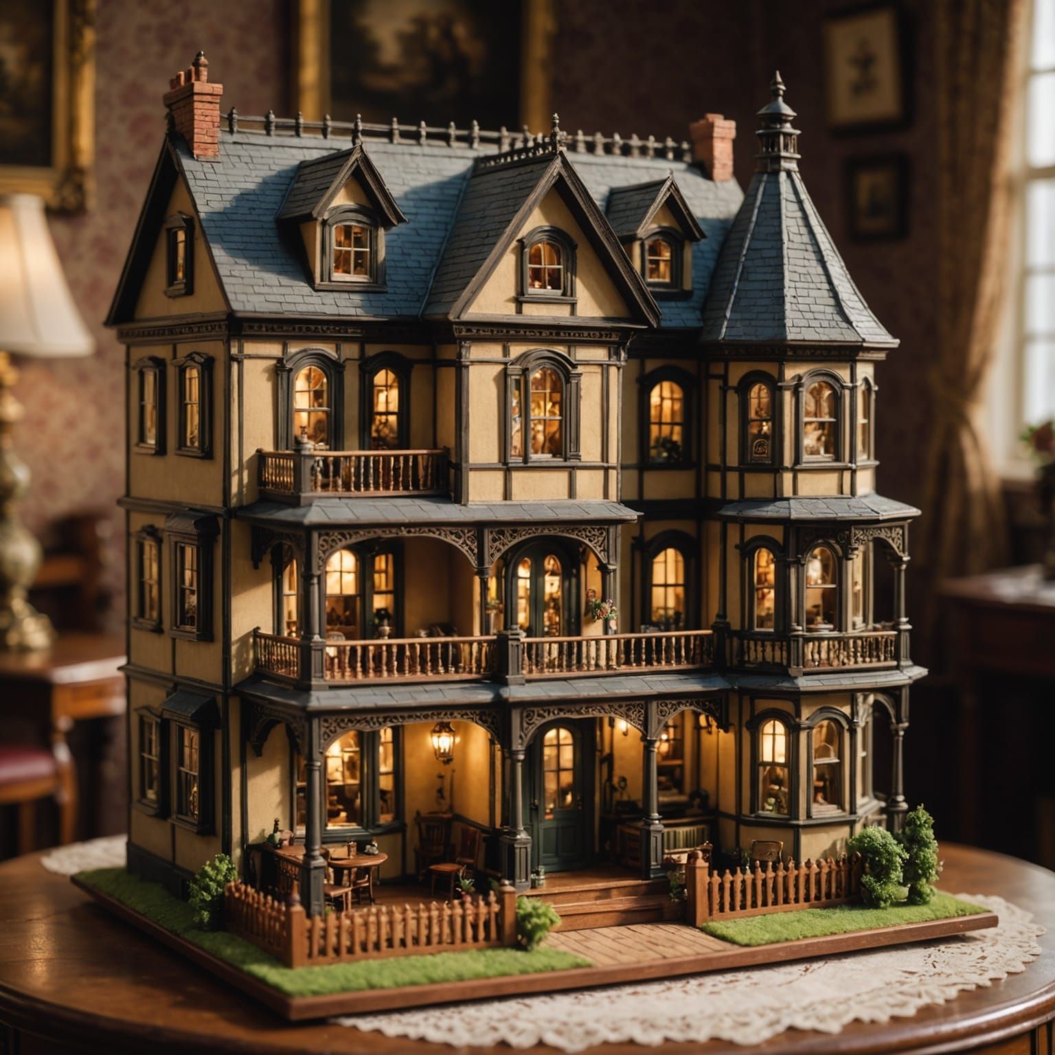 Miniature Victorian Dollhouse with Furnishings