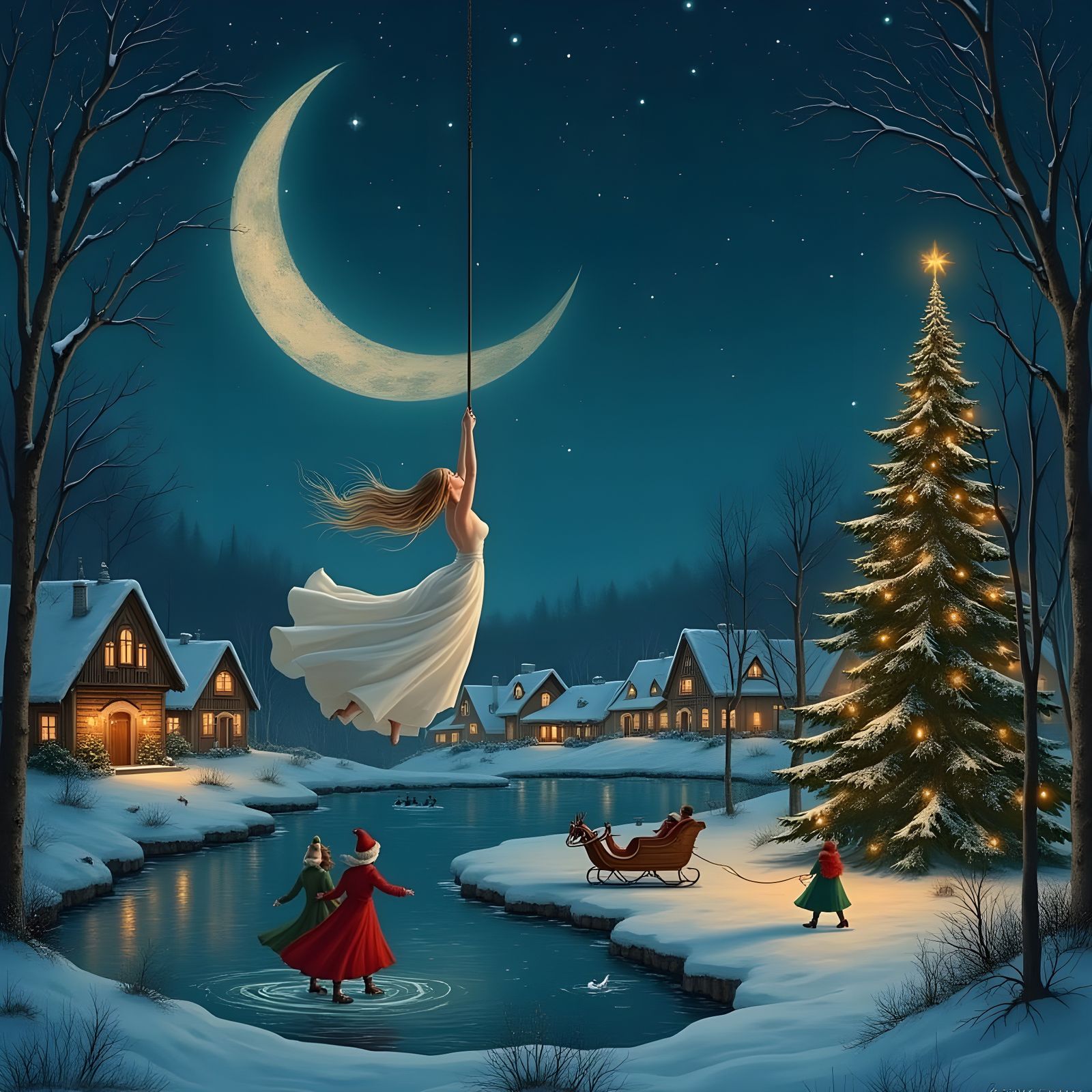 Serene Young Woman in Crescent Moonlit Scene