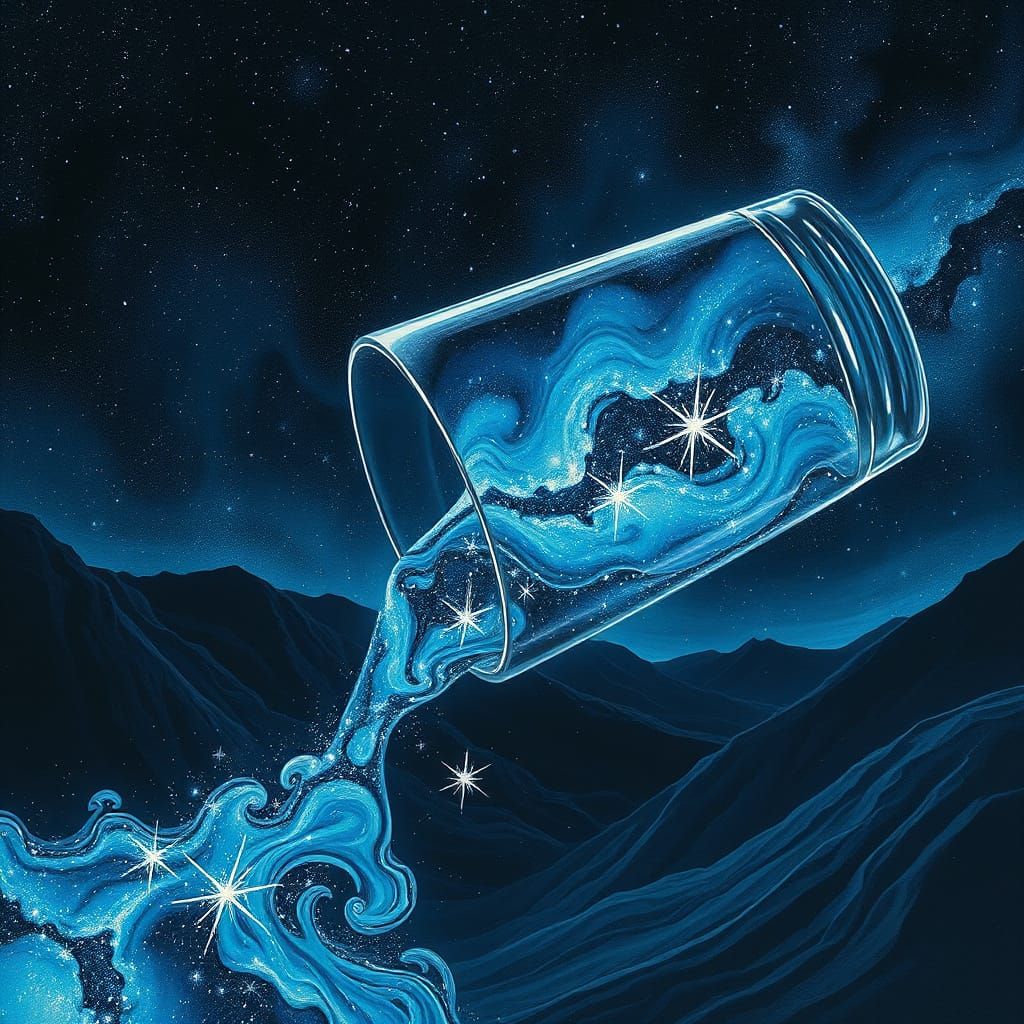 Starry Night Sky Spills Over Valley in Expressive Ink Style