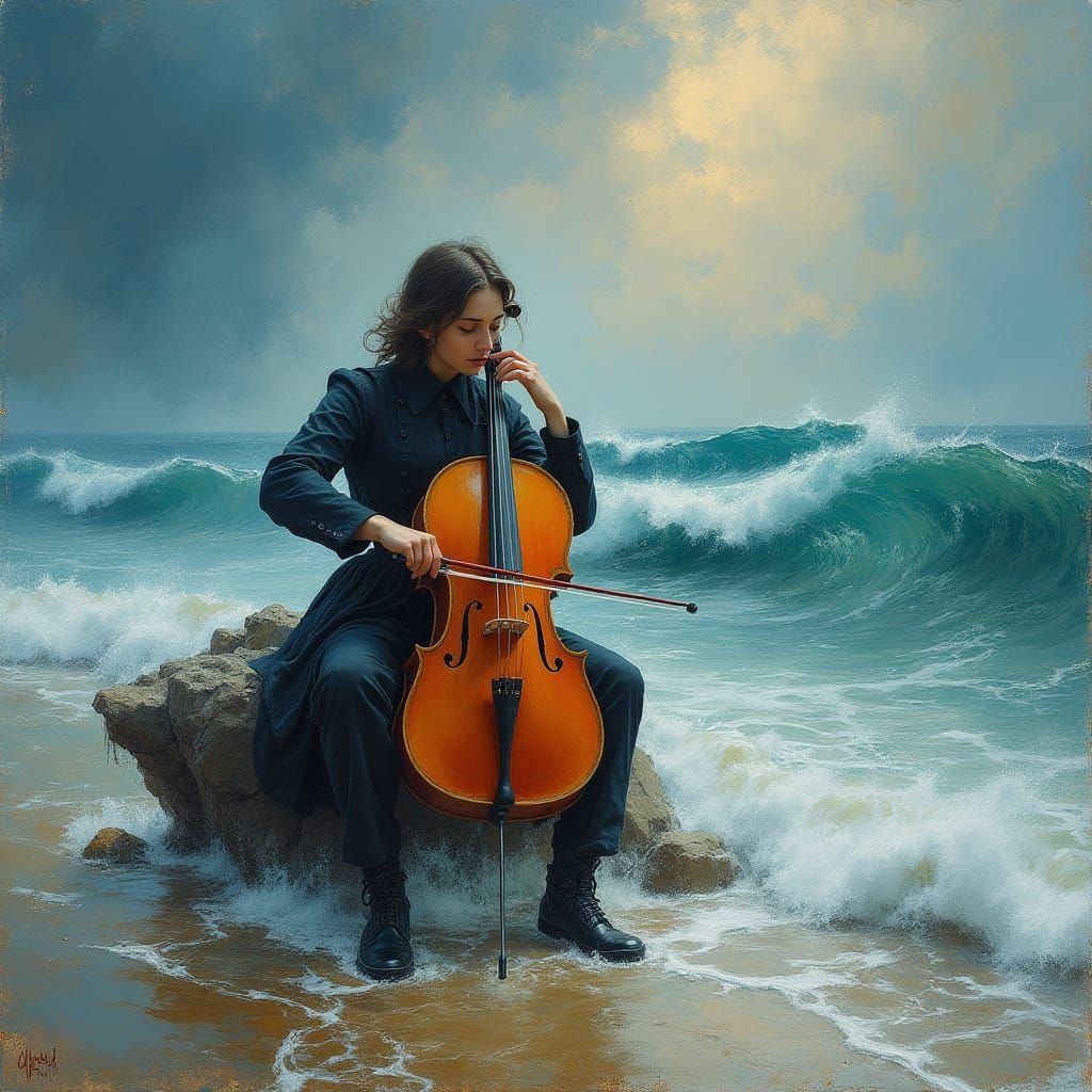 Cellist Serenades the Turbulent Sea