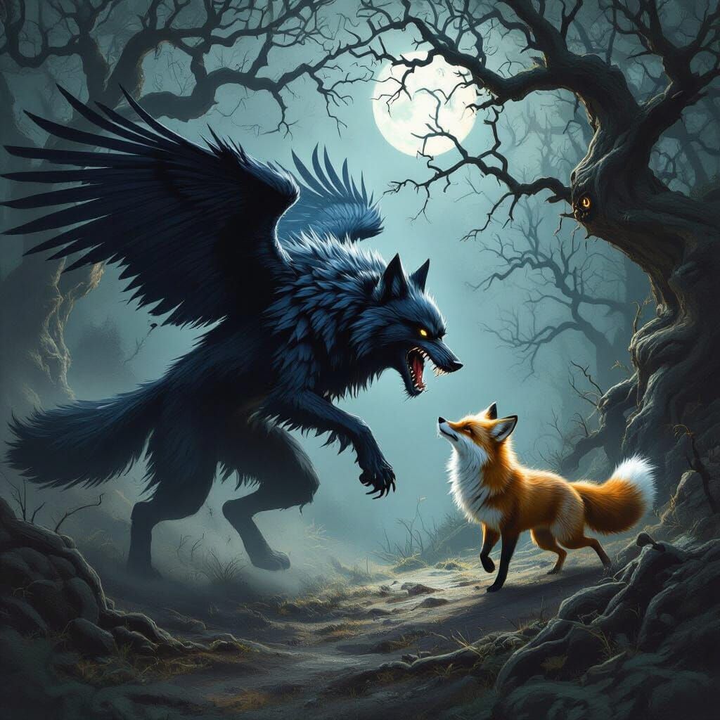 Mythical Wolf-Raven Hybrid Hunts Fox in Ancient Forest
