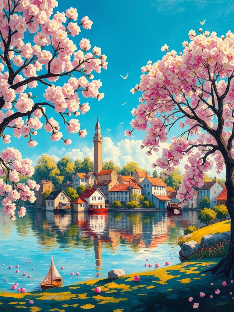 Village Serenity in Neo-Impressionist Style