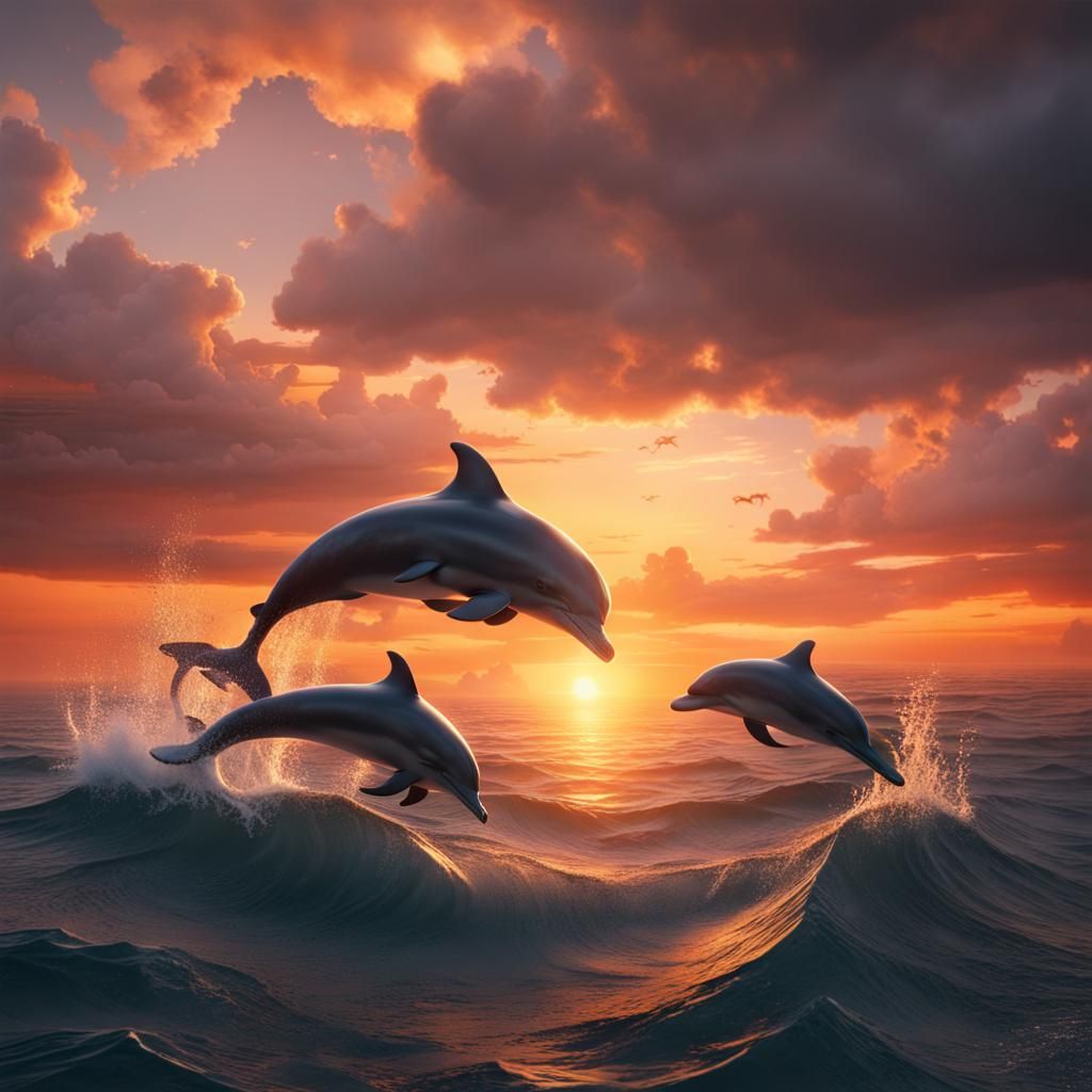 Ocean Sunset with Dolphins in Detailed Matte Painting